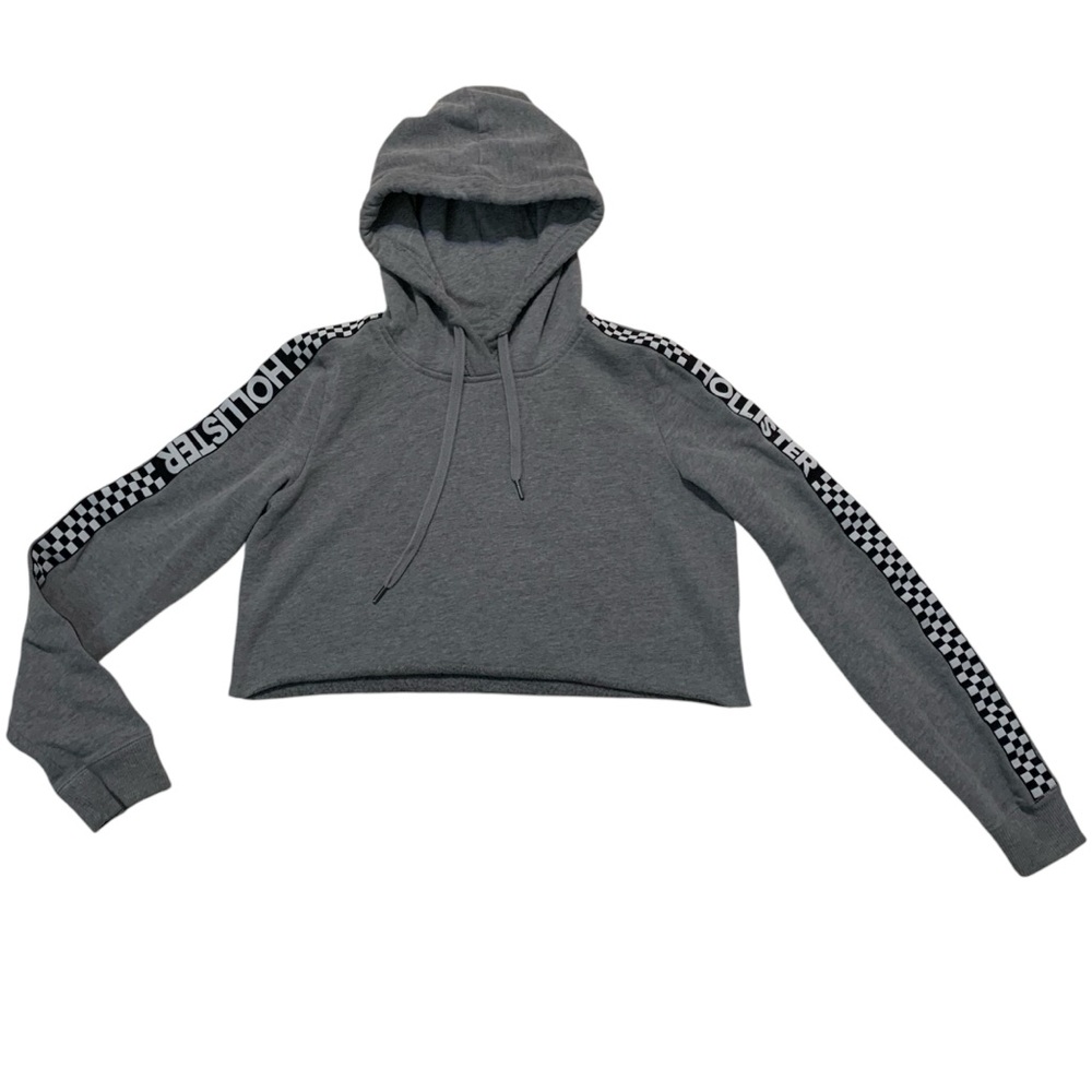 Hollister Gray Checkered Long Sleeve Cropped Hooded Sweater